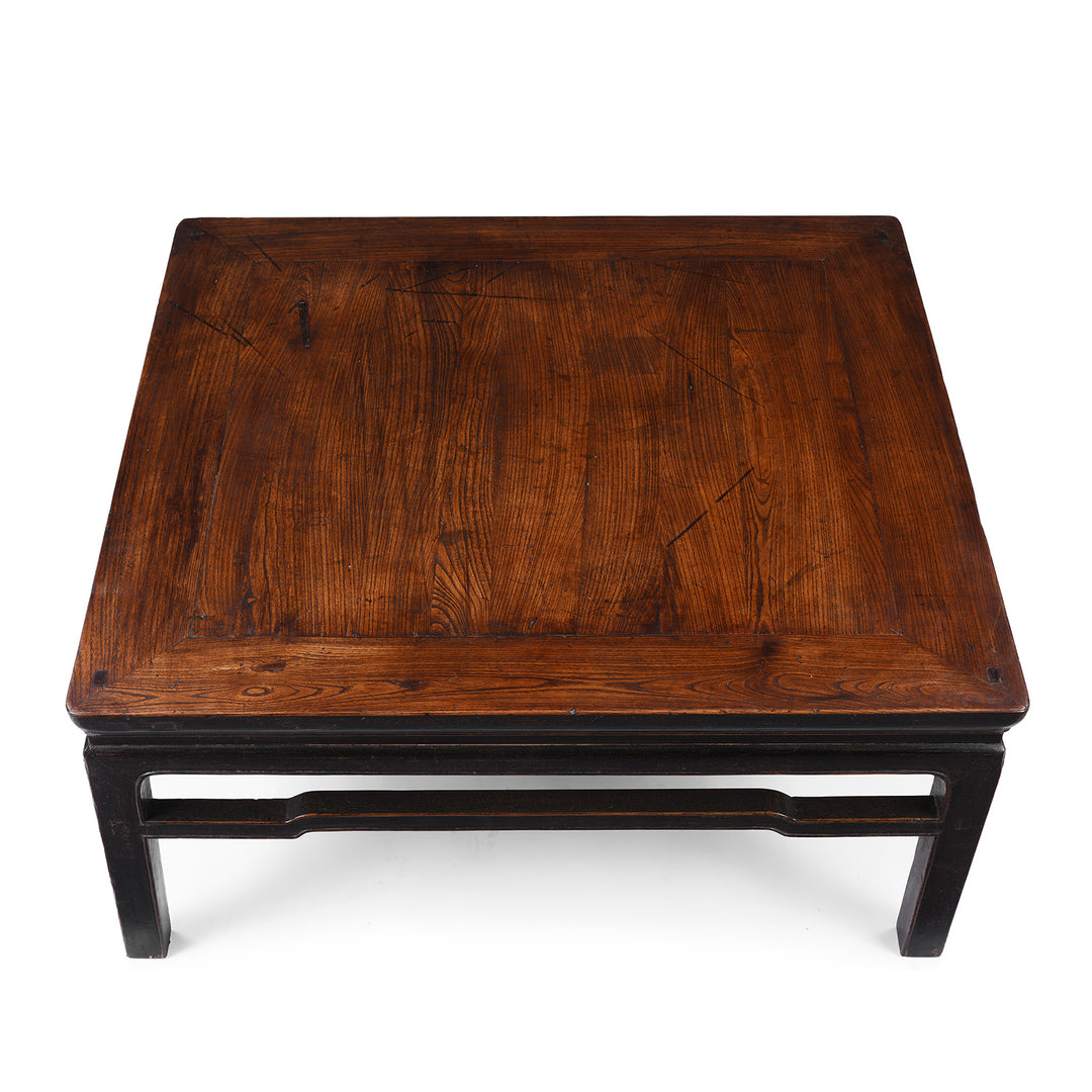 Top Down View Of 19th Century Chinese Elm Square Coffee Table From Shanxi Province With Shaped Apron And Warm Patina | Indigo Antiques