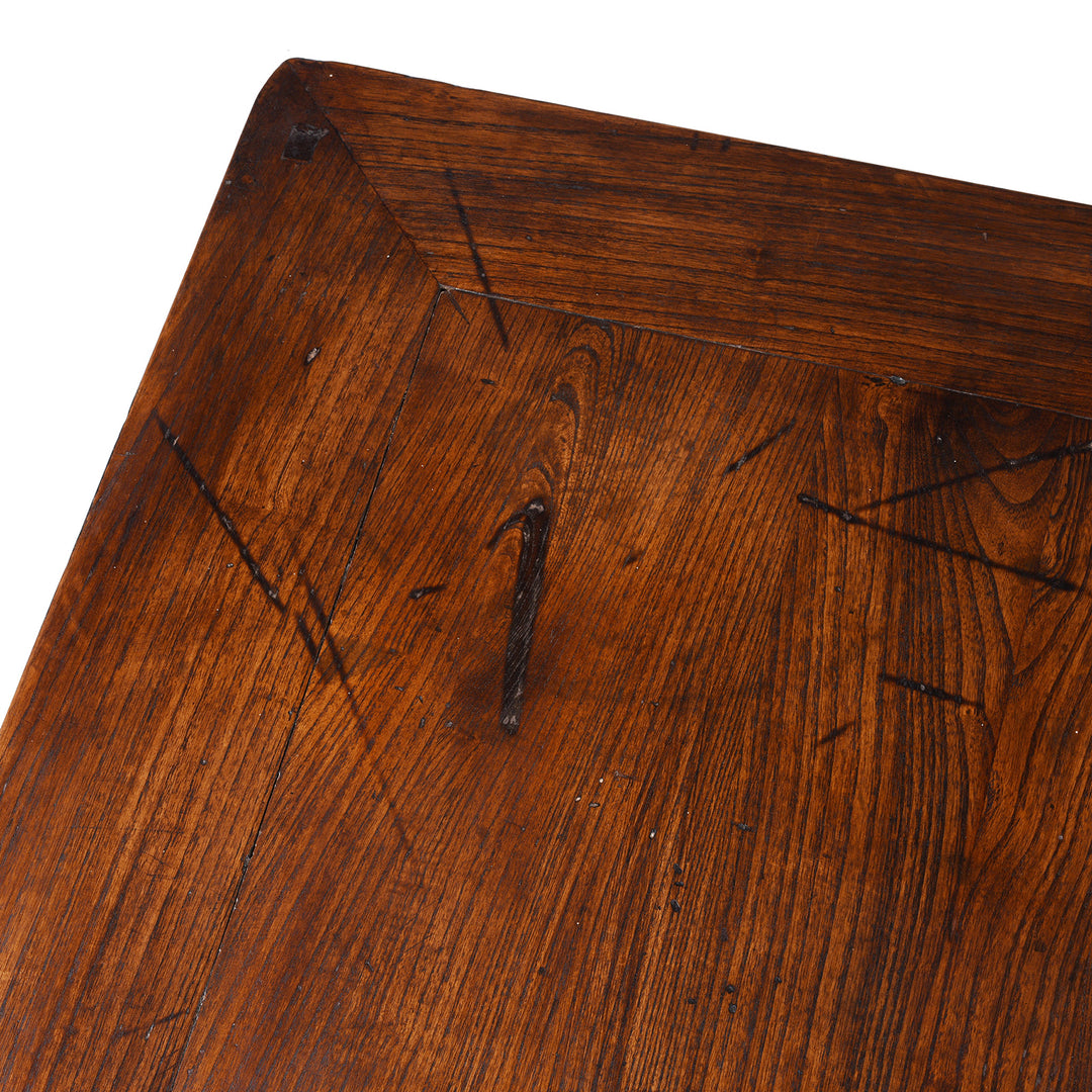 Detail From Top Of 19th Century Chinese Elm Square Coffee Table From Shanxi Province With Shaped Apron And Warm Patina | Indigo Antiques