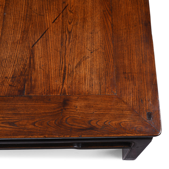 Detail From Top Of 19th Century Chinese Elm Square Coffee Table From Shanxi Province With Shaped Apron And Warm Patina | Indigo Antiques