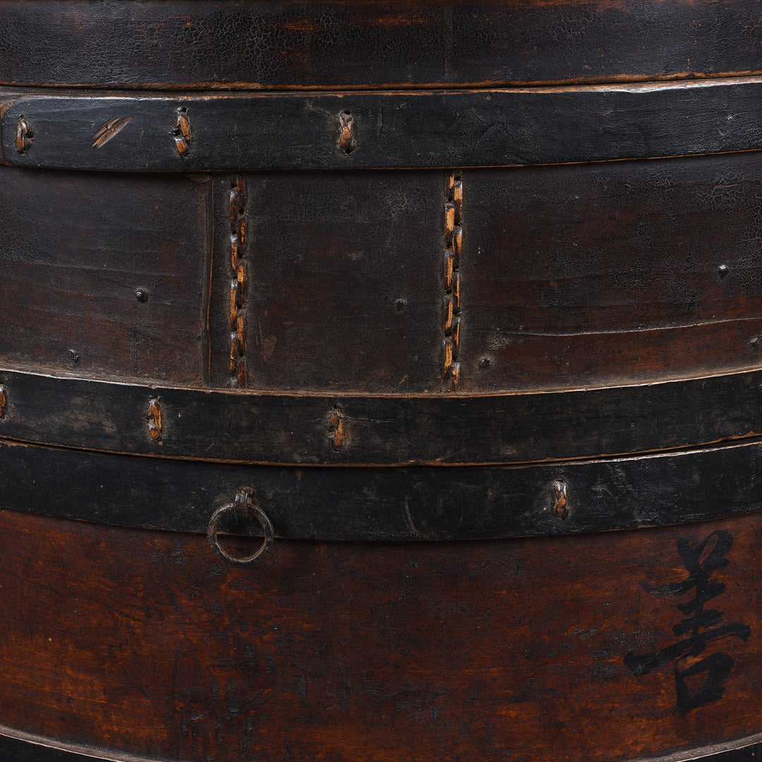 Detail From Antique 19th Century Painted Willow Hat Box From Shanxi With Chinese Characters And Removable Lid | Indigo Antiques