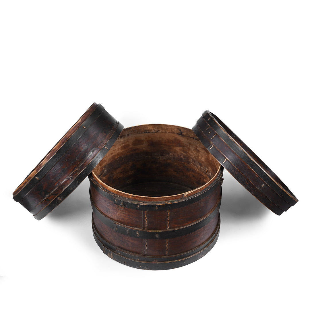 Deconstructed View Of Antique 19th Century Painted Willow Hat Box From Shanxi With Chinese Characters And Removable Lid | Indigo Antiques