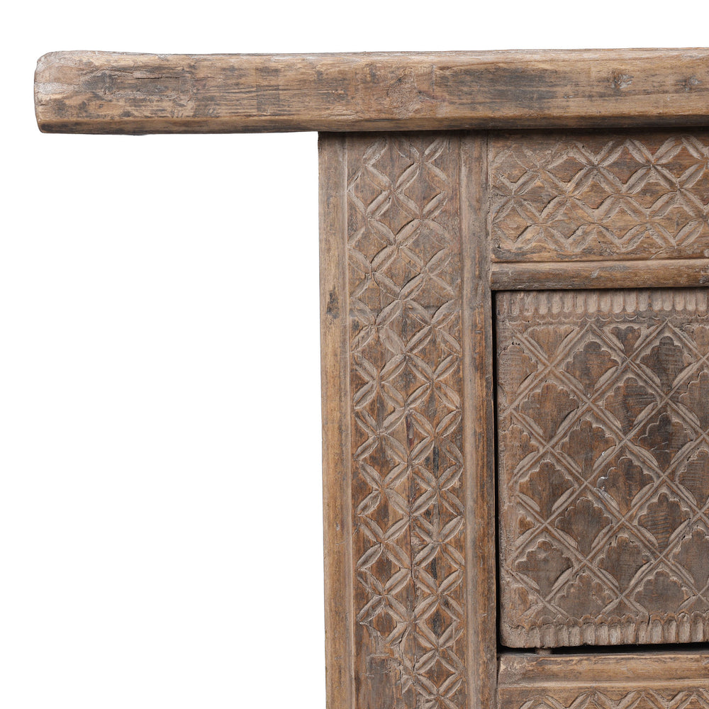 Corner Detail From Carved 19th Century Xinjiang Low Sideboard Converted From Daybed With Geometric And Floral Carved Panels And Iron Ring Pulls | Indigo Antiques