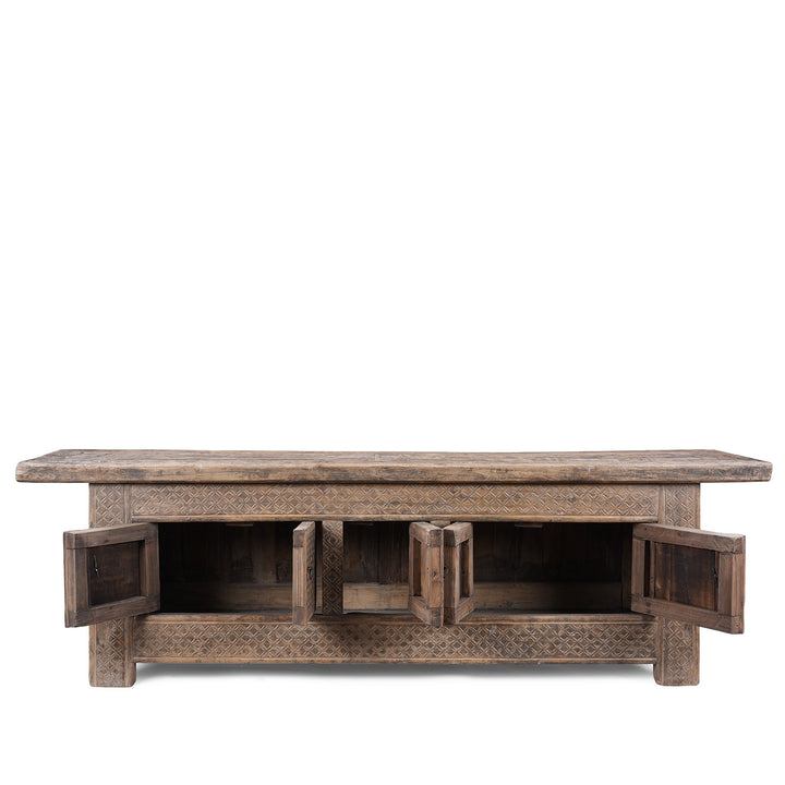 Open Doors Detail From Carved 19th Century Xinjiang Low Sideboard Converted From Daybed With Geometric And Floral Carved Panels And Iron Ring Pulls | Indigo Antiques