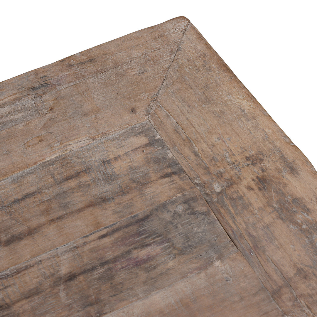 Top Corner Detail From Carved 19th Century Xinjiang Low Sideboard Converted From Daybed With Geometric And Floral Carved Panels And Iron Ring Pulls | Indigo Antiques