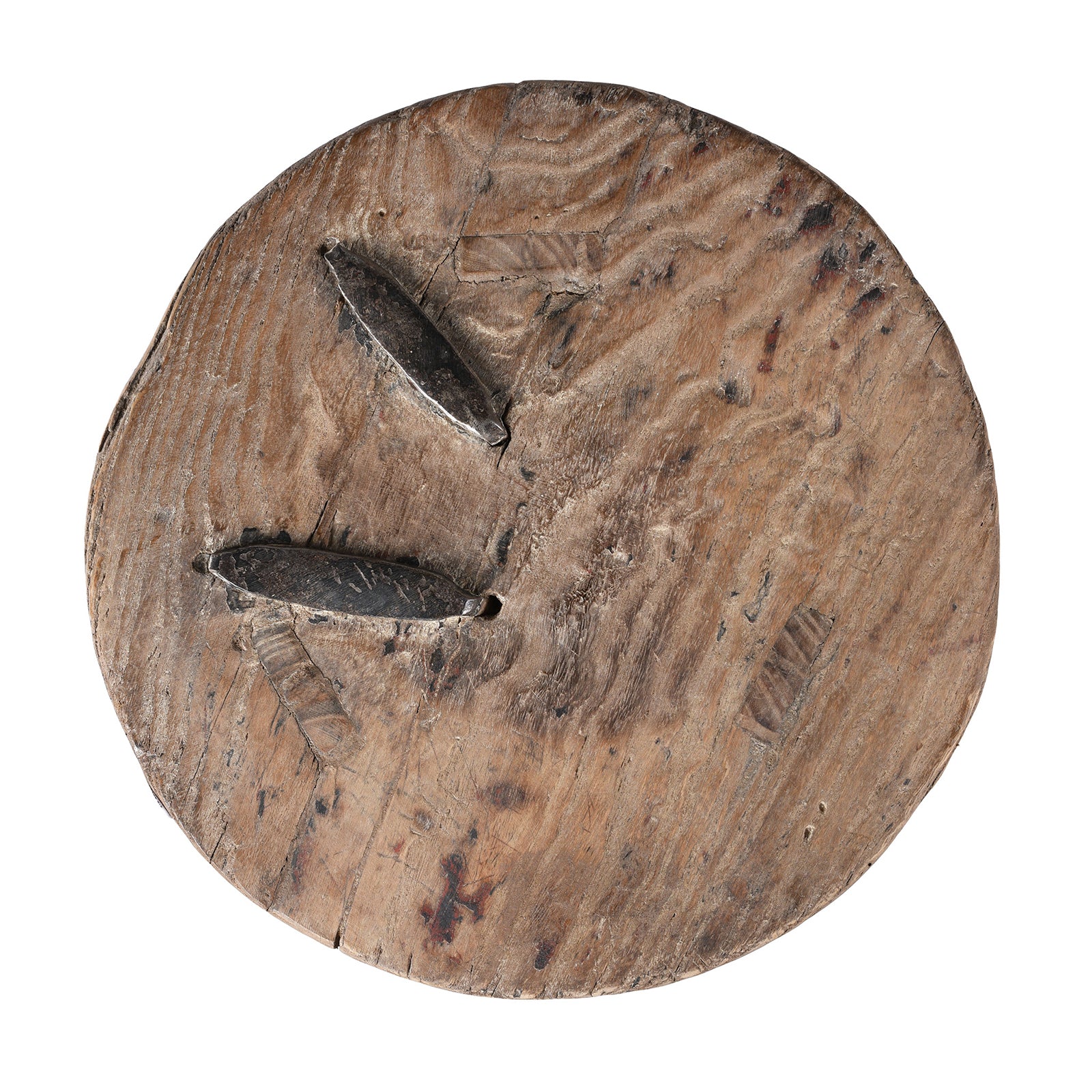Rustic Chinese elm wooden stool with iron staples