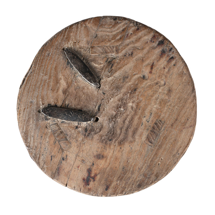 Rustic Chinese elm wooden stool with iron staples