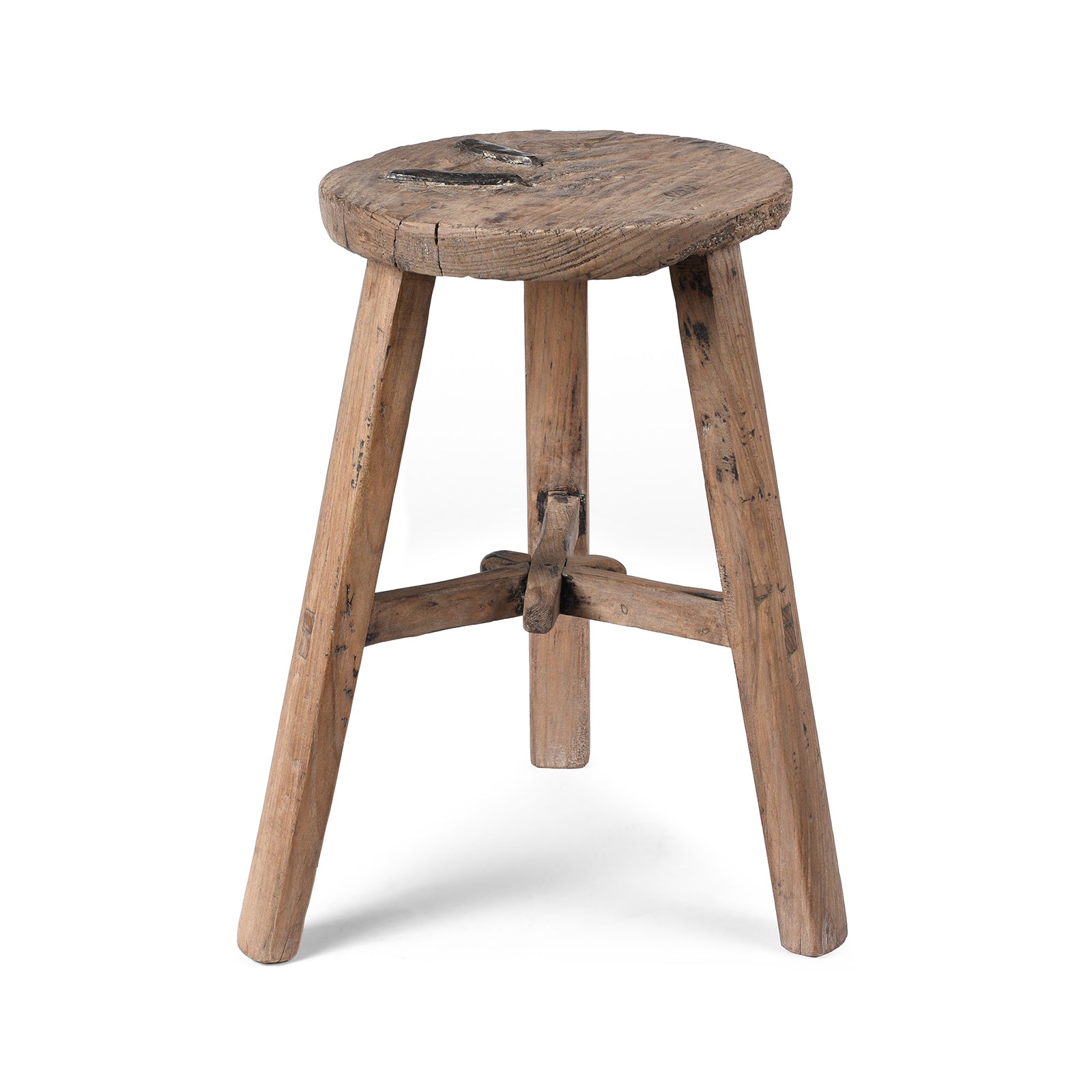 Rustic Chinese elm wooden stool with iron staples