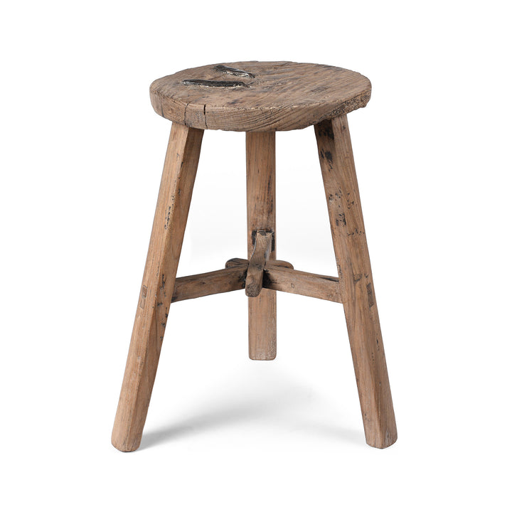 Rustic Chinese elm wooden stool with iron staples