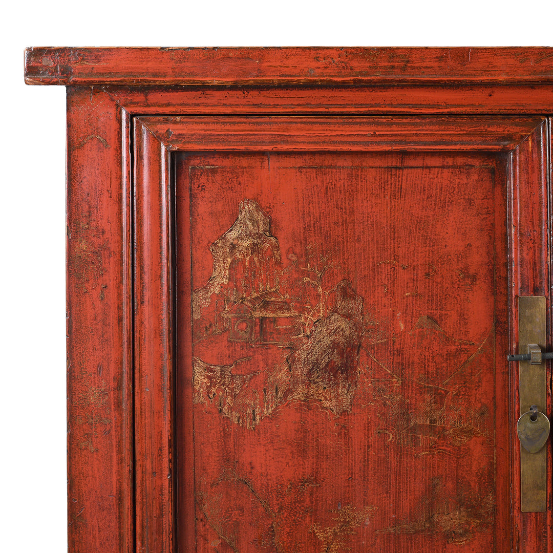 Corner Detail Showing Gilt Artwork From Antique Gilt Red Lacquer Side Cabinet From Shanxi | Indigo Antiques