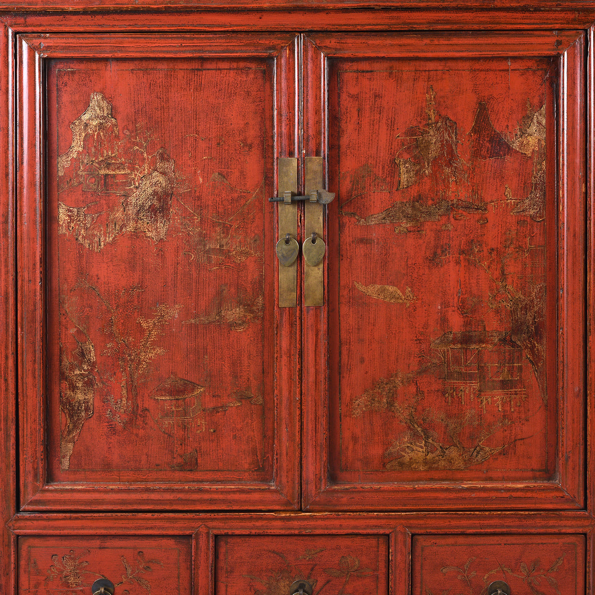 Doors Detail From Antique Gilt Red Lacquer Side Cabinet From Shanxi | Indigo Antiques