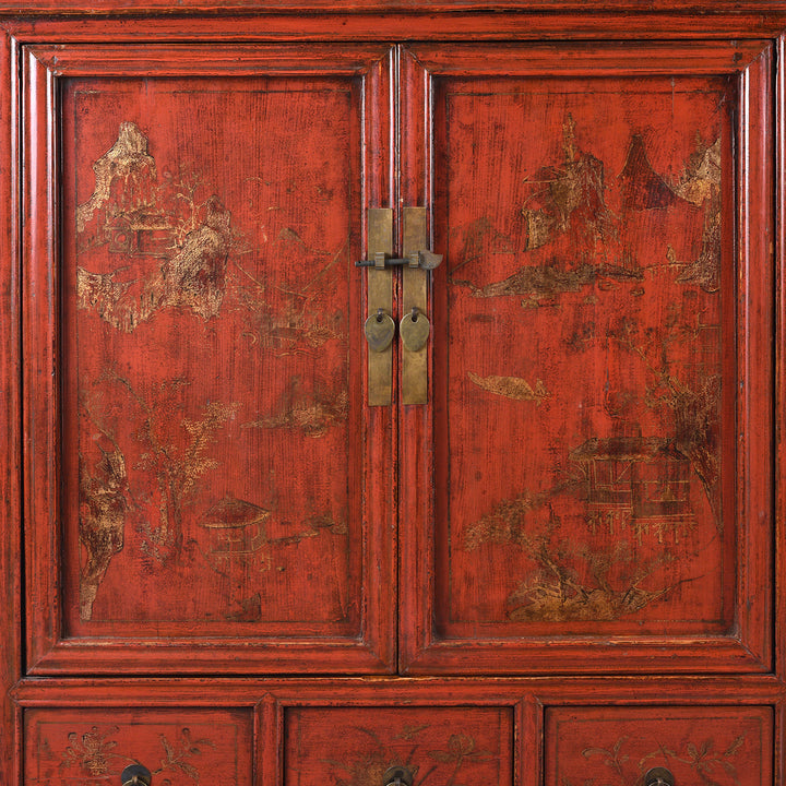 Doors Detail From Antique Gilt Red Lacquer Side Cabinet From Shanxi | Indigo Antiques