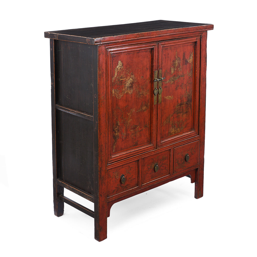 Angled VIew Of Antique Gilt Red Lacquer Side Cabinet From Shanxi | Indigo Antiques