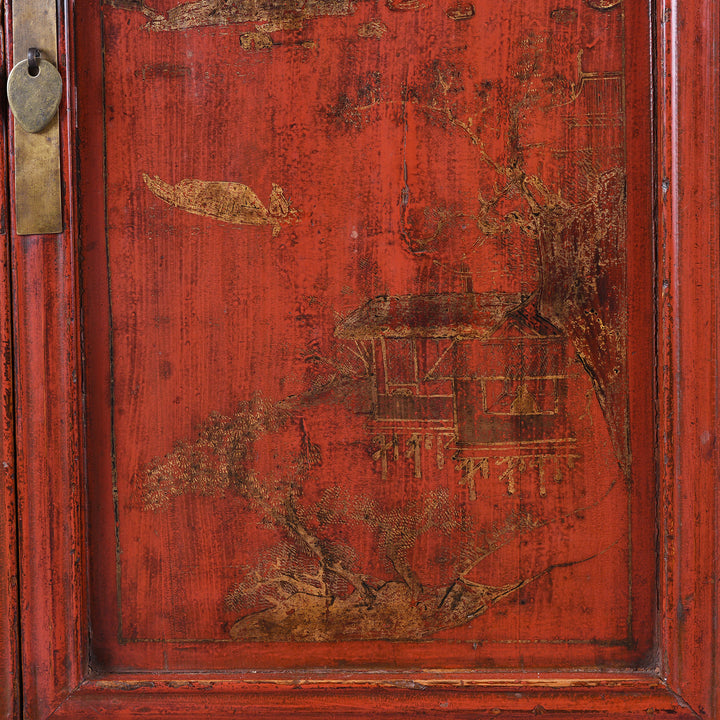 Gilt Artwork Detail From Antique Gilt Red Lacquer Side Cabinet From Shanxi | Indigo Antiques