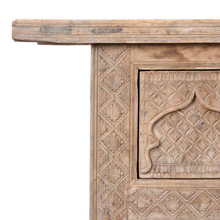 Corner Detail Showing Intricate Frame Carvings On Bleached Hardwood Sideboard From Xinjiang China With Intricately Carved Moorish Arch Panels Converted From Antique Daybed Late 19Th Century