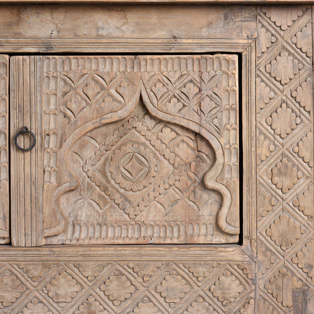 Mughal Arch Door Panel Carving Detail From Bleached Hardwood Sideboard From Xinjiang China With Intricately Carved Moorish Arch Panels Converted From Antique Daybed Late 19Th Century