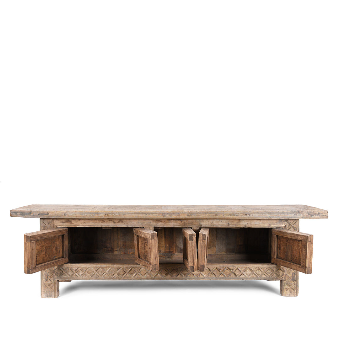 Interior Of Bleached Hardwood Sideboard From Xinjiang China With Intricately Carved Moorish Arch Panels Converted From Antique Daybed Late 19Th Century