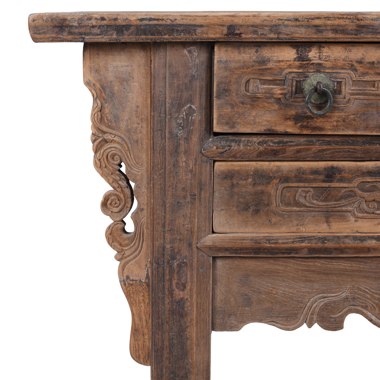 Corner Detail From 19th Century Chinese Shanxi Elm Half Table With Three Drawers And Carved Details | Indigo Antiques