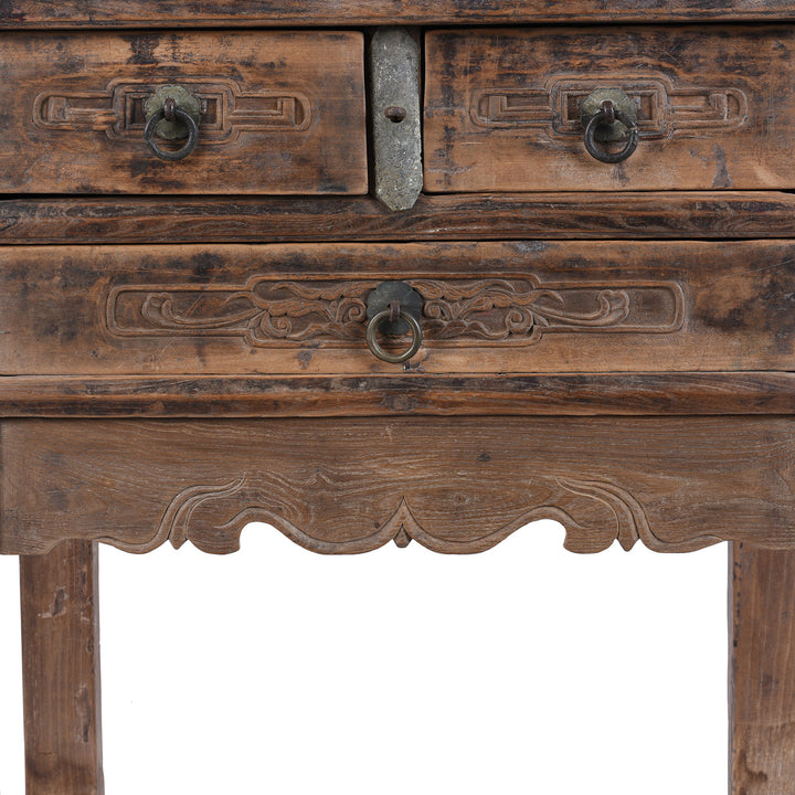 Carving Detail From 19th Century Chinese Shanxi Elm Half Table With Three Drawers And Carved Details | Indigo Antiques