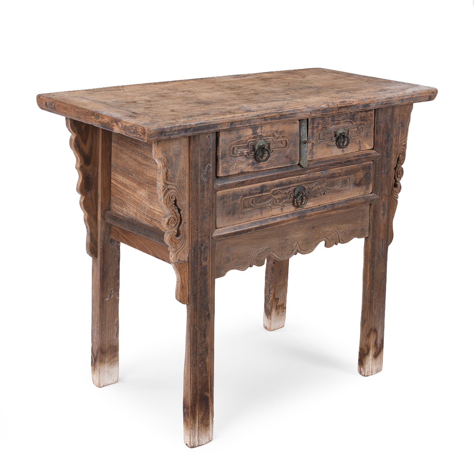 Angled View Of 19th Century Chinese Shanxi Elm Half Table With Three Drawers And Carved Details | Indigo Antiques