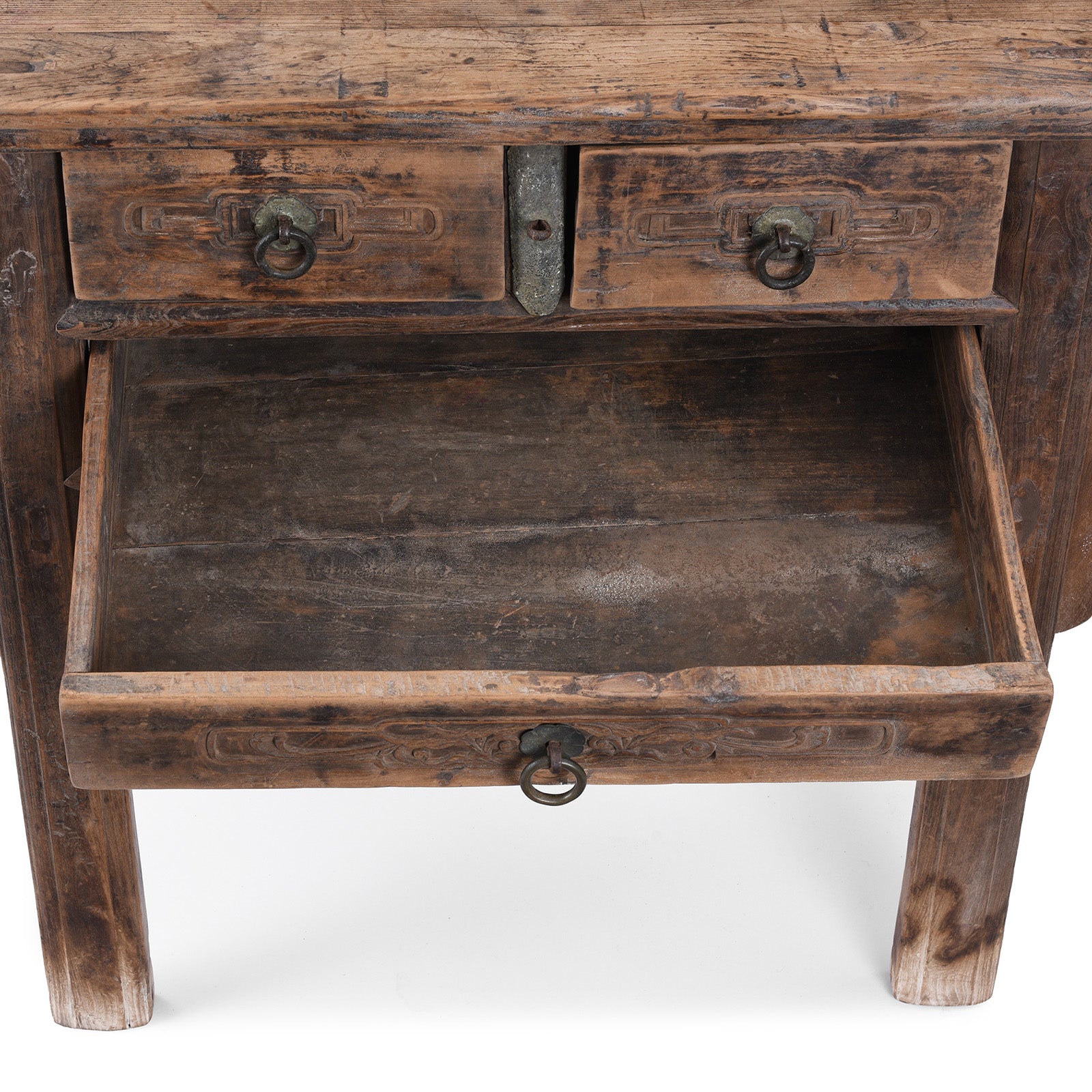 Drawer Detail From 19th Century Chinese Shanxi Elm Half Table With Three Drawers And Carved Details | Indigo Antiques