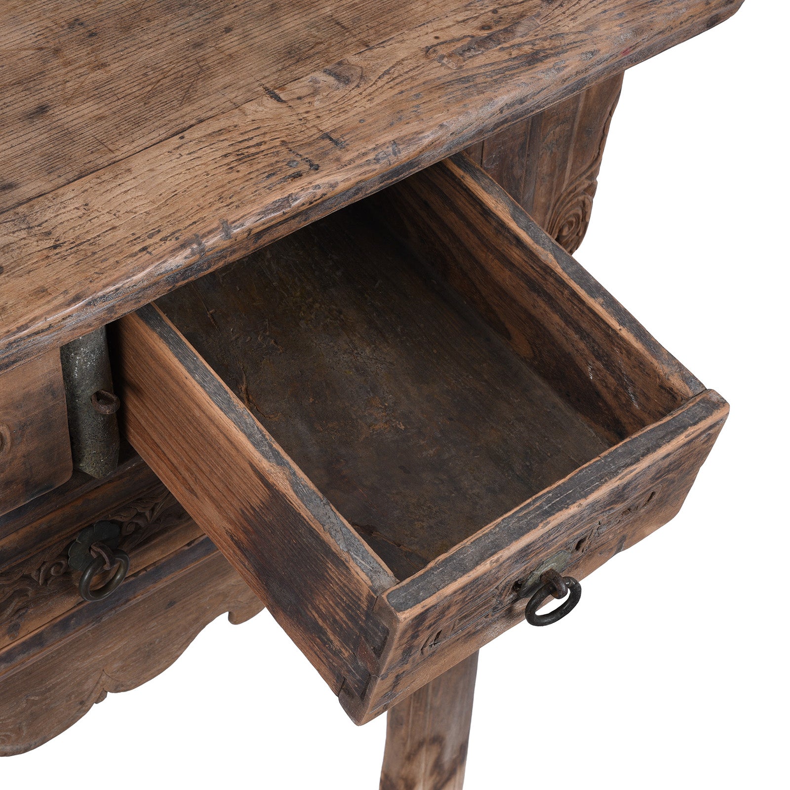 Drawer Detail From 19th Century Chinese Shanxi Elm Half Table With Three Drawers And Carved Details | Indigo Antiques