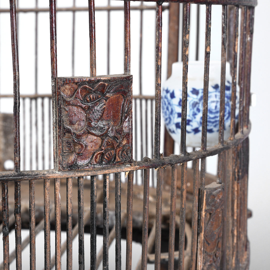 Carved Panel Detail From Old Chinese Bamboo Bird Cage With Carved Wooden Stand Porcelain Feeding Bowl And Hanging Hook