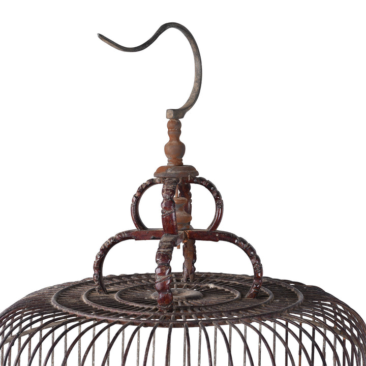 Hook Detail From Old Chinese Bamboo Bird Cage With Carved Wooden Stand Porcelain Feeding Bowl And Hanging Hook