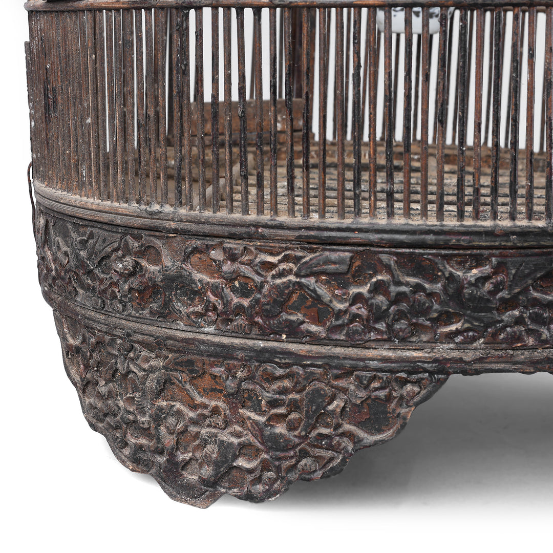 Carving Detail From Old Chinese Bamboo Bird Cage With Carved Wooden Stand Porcelain Feeding Bowl And Hanging Hook