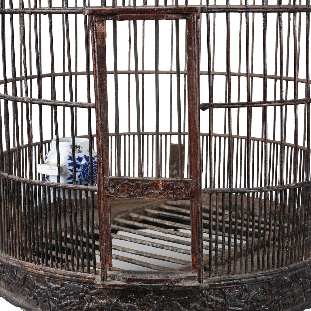 Sliding Door Detail From Old Chinese Bamboo Bird Cage With Carved Wooden Stand Porcelain Feeding Bowl And Hanging Hook