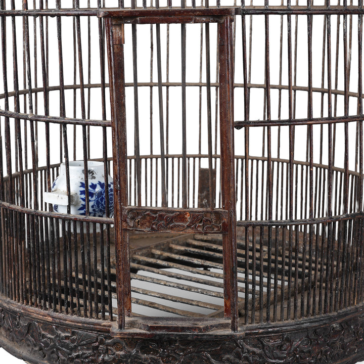 Sliding Door Detail From Old Chinese Bamboo Bird Cage With Carved Wooden Stand Porcelain Feeding Bowl And Hanging Hook