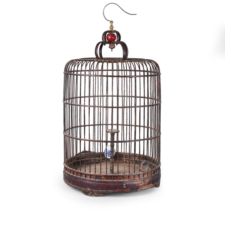 Old Chinese Bamboo Bird Cage With Rounded Entrance Hole Carved Wooden Stand And Porcelain Feeding Bowl
