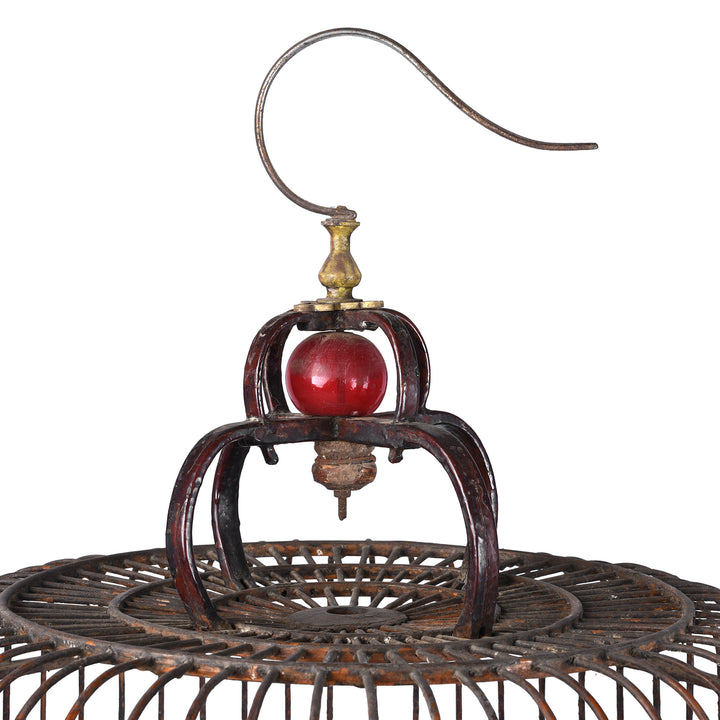 Hook Detail From Old Chinese Bamboo Bird Cage With Rounded Entrance Hole Carved Wooden Stand And Porcelain Feeding Bowl