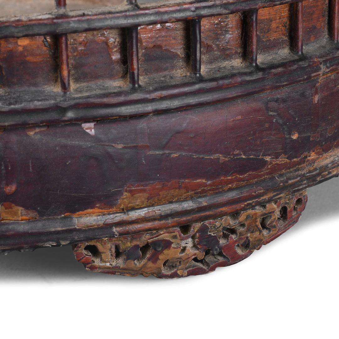 Carved Stand Detail from Old Chinese Bamboo Bird Cage With Rounded Entrance Hole Carved Wooden Stand And Porcelain Feeding Bowl