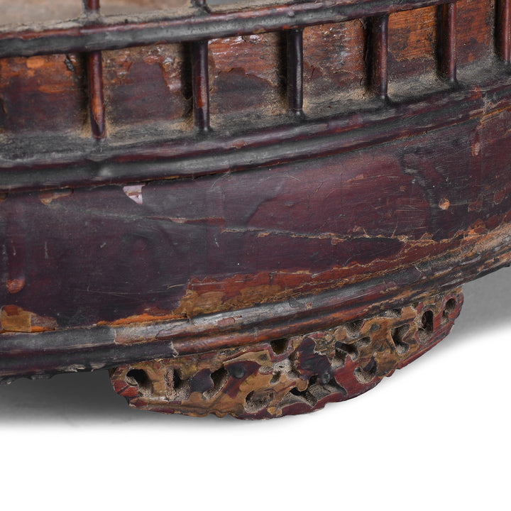 Carved Stand Detail from Old Chinese Bamboo Bird Cage With Rounded Entrance Hole Carved Wooden Stand And Porcelain Feeding Bowl