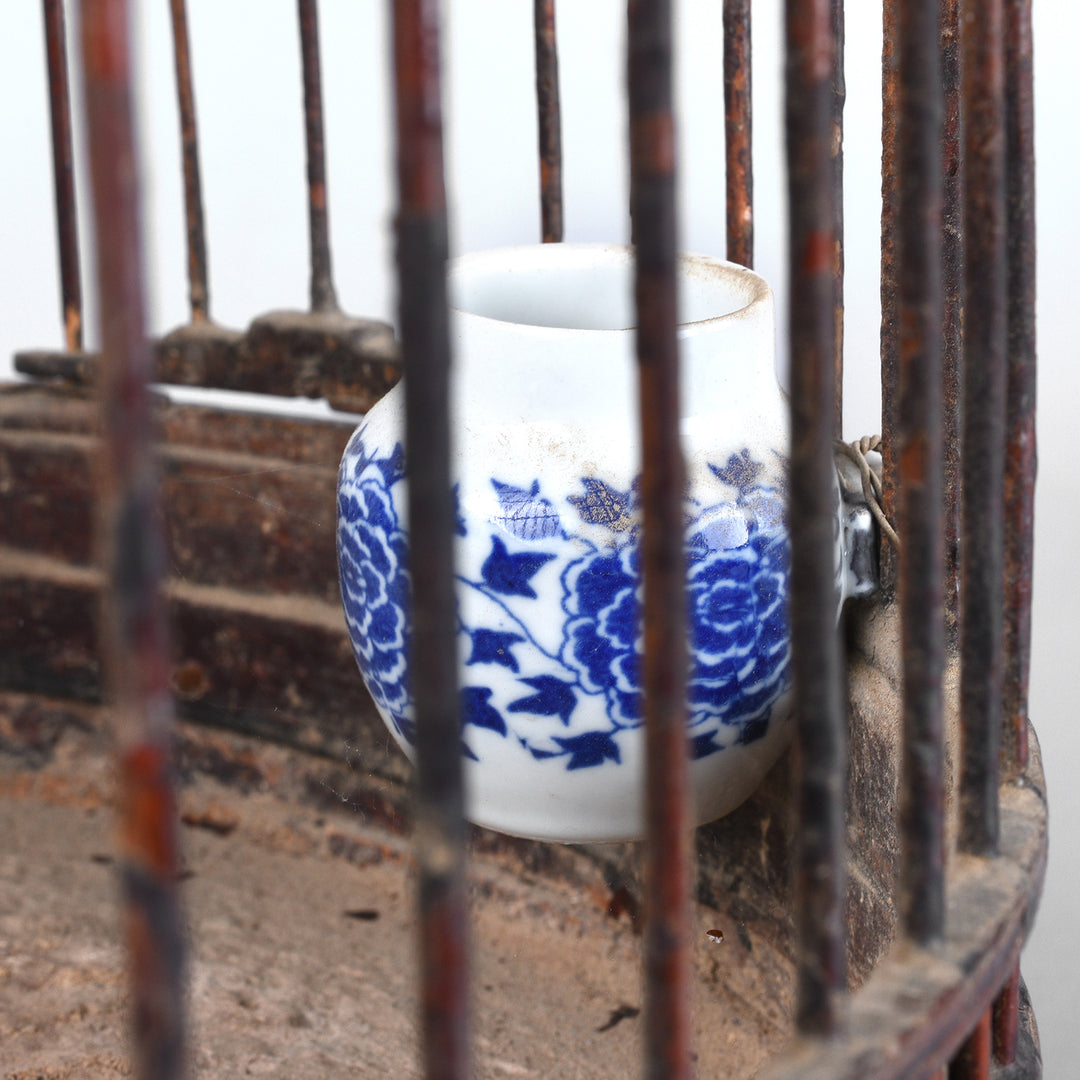 Porcelain Feeding Bowl Detail From Old Chinese Bamboo Bird Cage With Rounded Entrance Hole Carved Wooden Stand And Porcelain Feeding Bowl