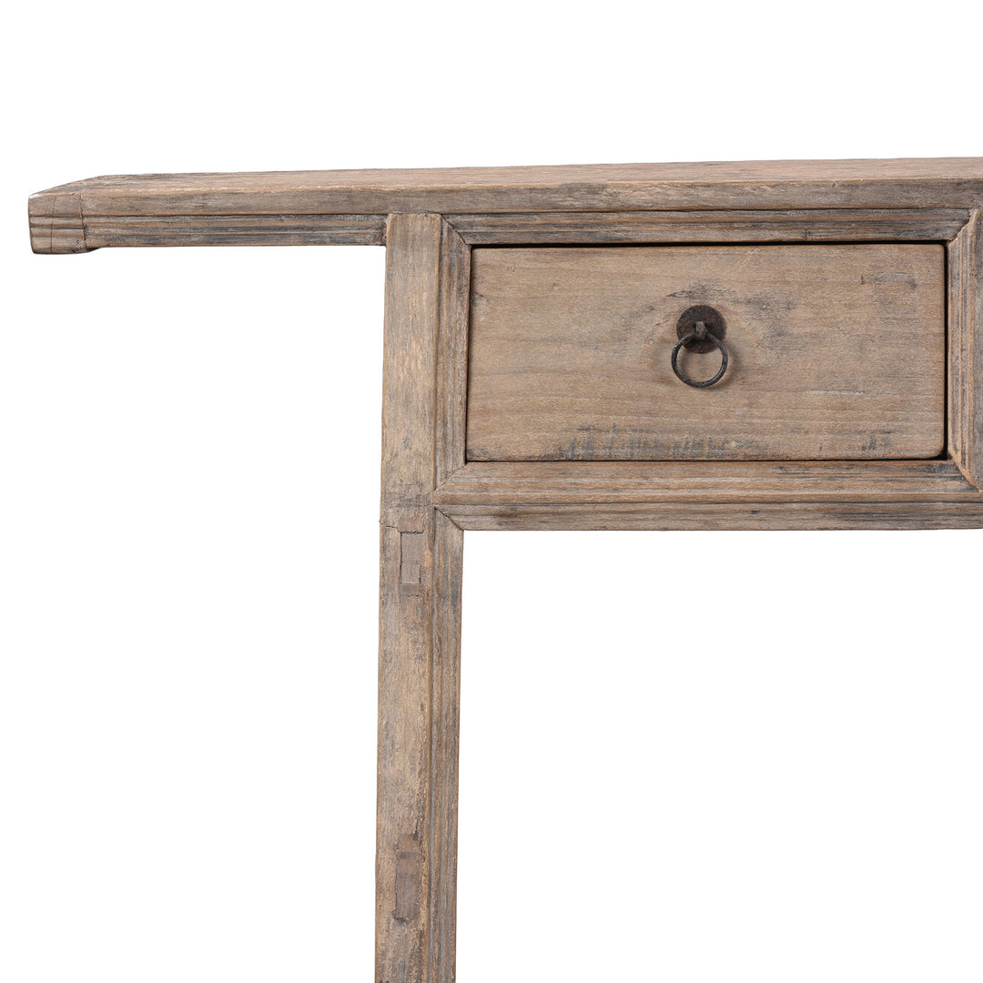 Corner Detail From 19th Century Bleached Willow Console Table From Shanxi With Four Drawers And Original Fittings