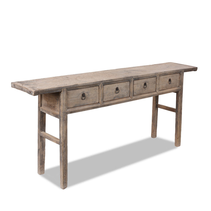 Angled View Of 19th Century Bleached Willow Console Table From Shanxi With Four Drawers And Original Fittings
