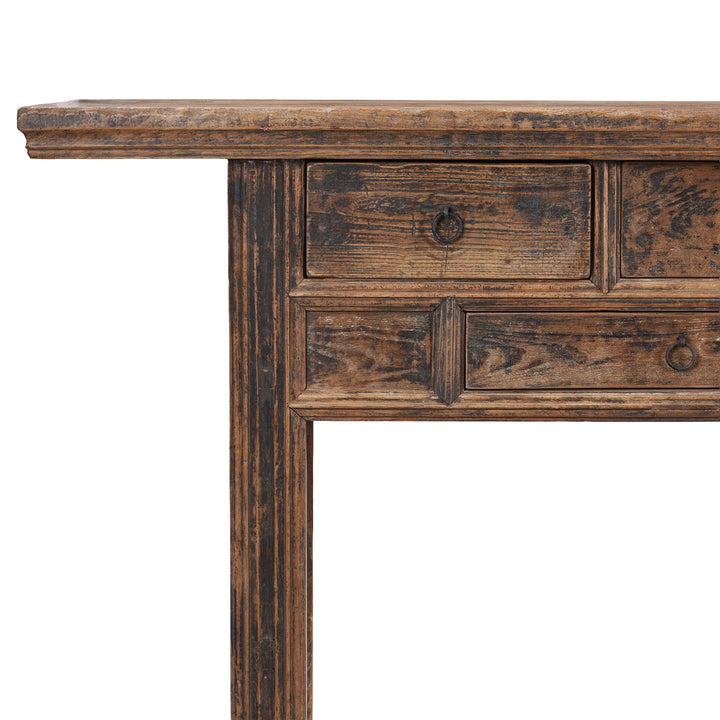 Detail of Drawers From Antique Chinese Elm Console Table With Multiple Drawers And Rustic Aged Patina