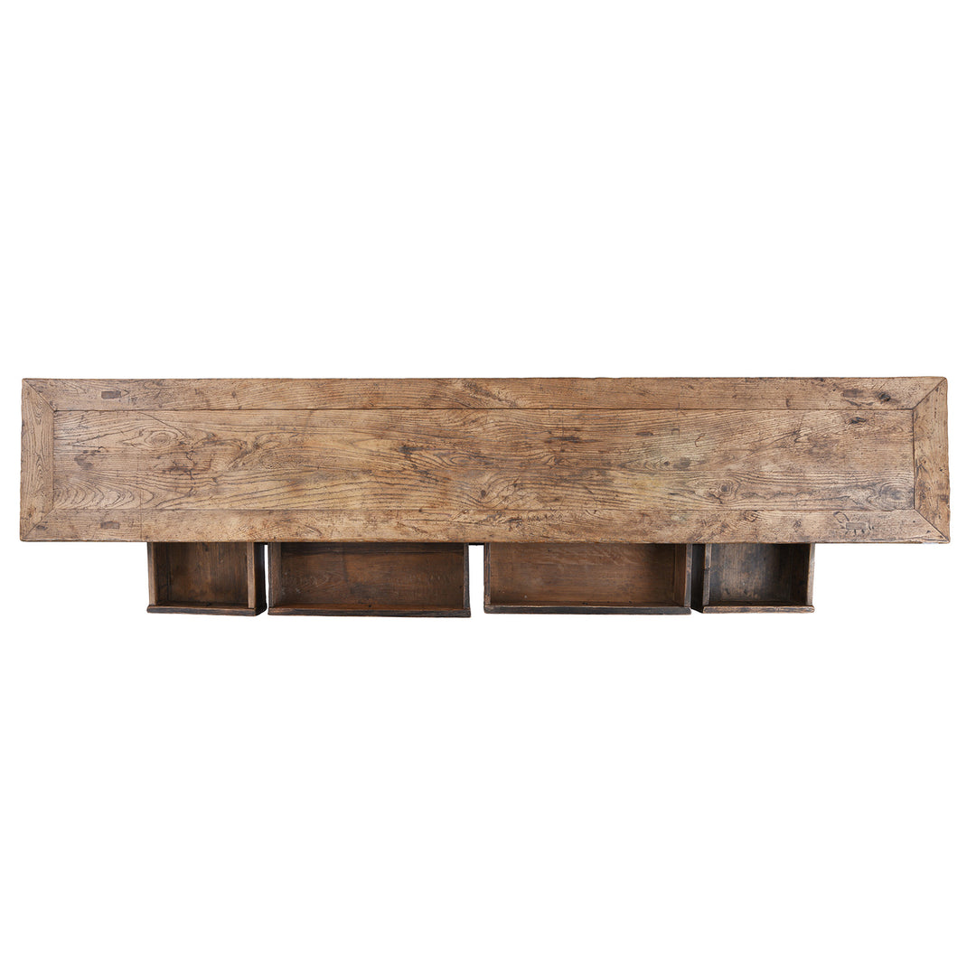 Top Down View Of Antique Chinese Elm Console Table With Multiple Drawers And Rustic Aged Patina