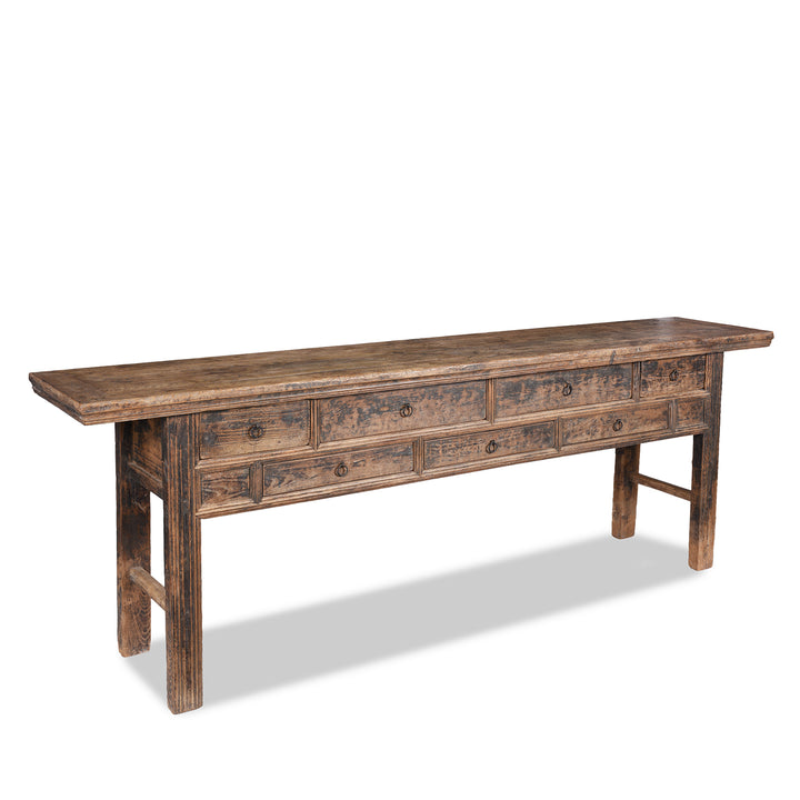 Angled View Of Antique Chinese Elm Console Table With Multiple Drawers And Rustic Aged Patina