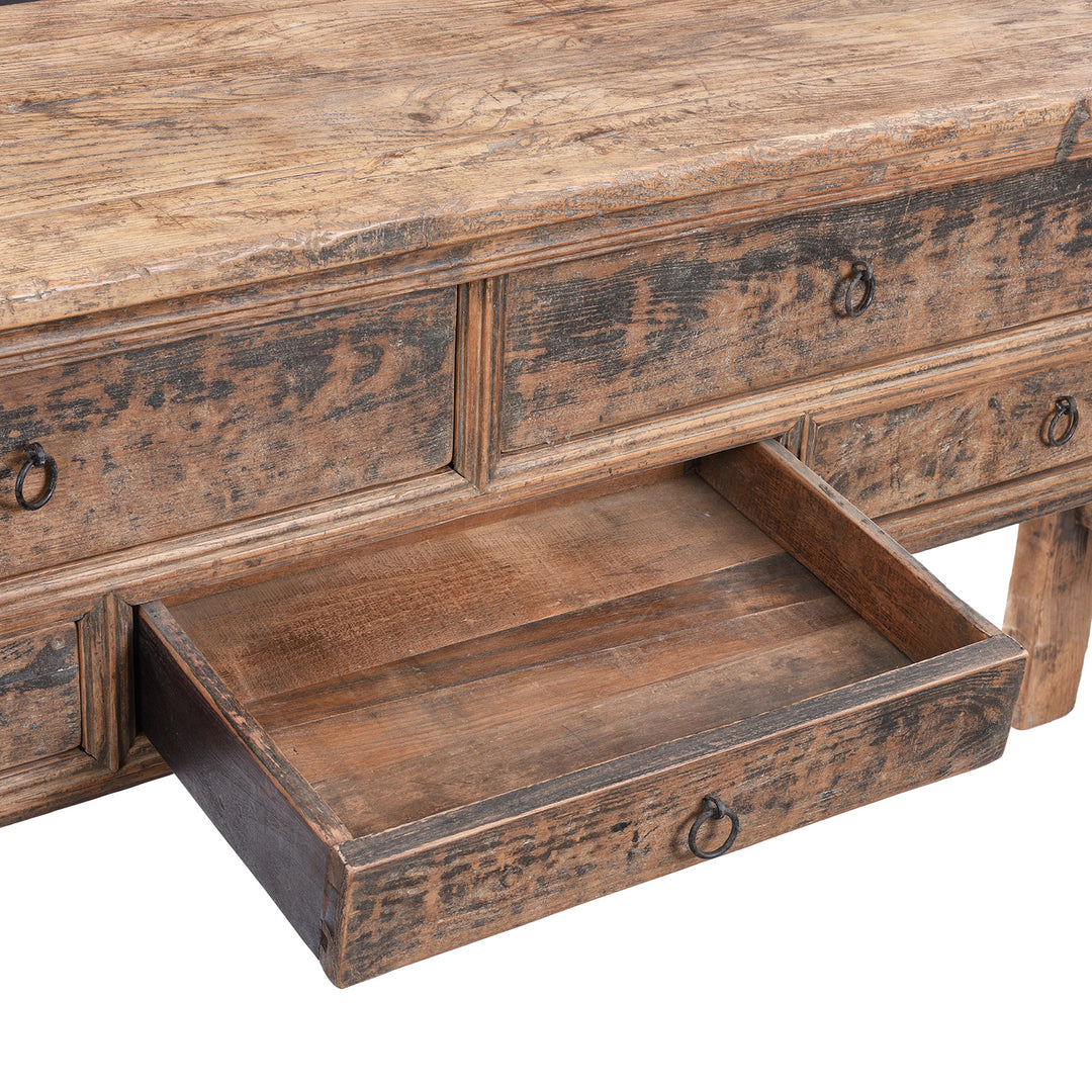 Open Drawer View From Antique Chinese Elm Console Table With Multiple Drawers And Rustic Aged Patina