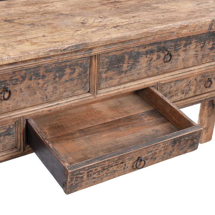 Open Drawer View From Antique Chinese Elm Console Table With Multiple Drawers And Rustic Aged Patina