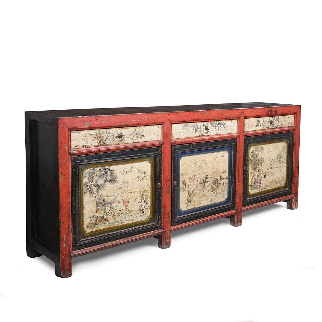 Angled View Of Antique Chinese Red Lacquer Sideboard With Hand-Painted Landscape Panels And Three Drawers