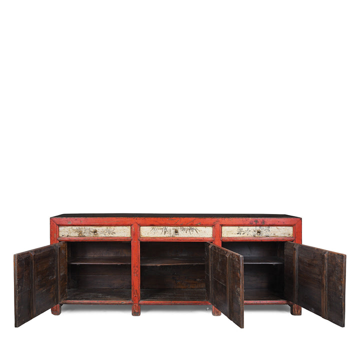 Interior View Showing Shelf From Antique Chinese Red Lacquer Sideboard With Hand-Painted Landscape Panels And Three Drawers