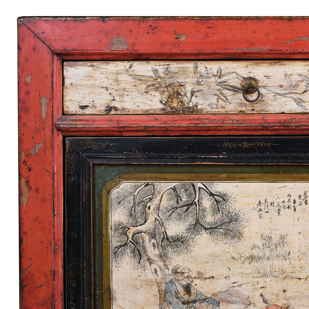 Detail Of Patina From Antique Chinese Red Lacquer Sideboard With Hand-Painted Landscape Panels And Three Drawers