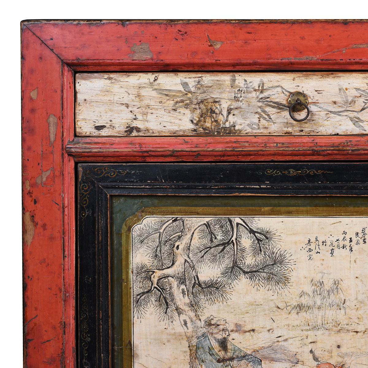 Detail Of Patina From Antique Chinese Red Lacquer Sideboard With Hand-Painted Landscape Panels And Three Drawers