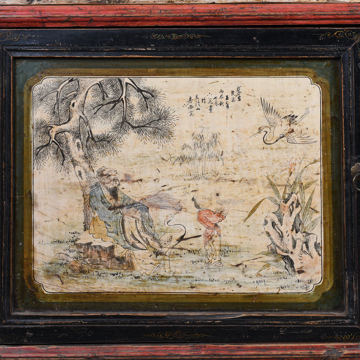 Chinese painting of an elder under pine tree with boy and swooping crane on an Antique Chinese Red Lacquer Sideboard With Hand-Painted Landscape Panels And Three Drawers