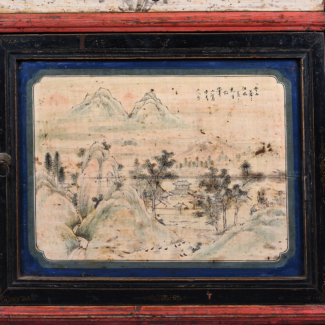Cupboard Door Painting From Antique Chinese Red Lacquer Sideboard With Hand-Painted Landscape Panels And Three Drawers
