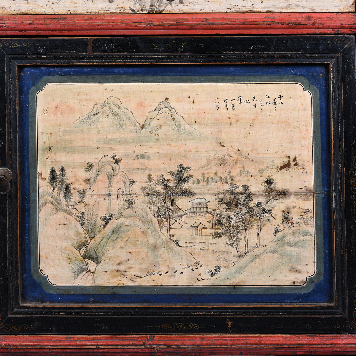 Cupboard Door Painting From Antique Chinese Red Lacquer Sideboard With Hand-Painted Landscape Panels And Three Drawers