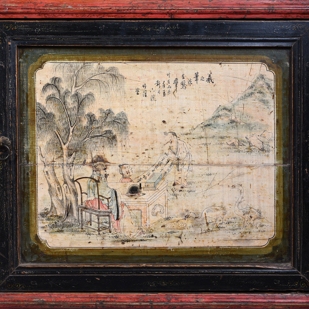 Detail Of Paintwork On Cupboard Door From Antique Chinese Red Lacquer Sideboard With Hand-Painted Landscape Panels And Three Drawers